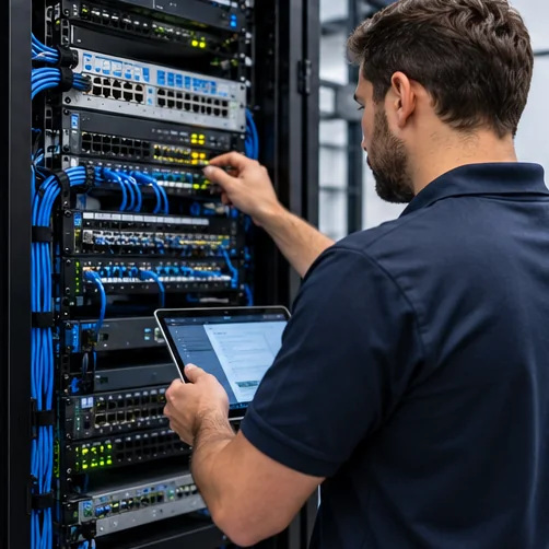 Technician working with network racks