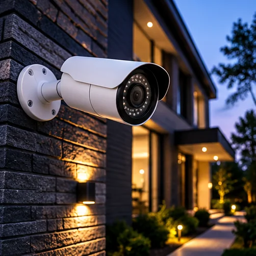 Exterior security camera on a modern residence